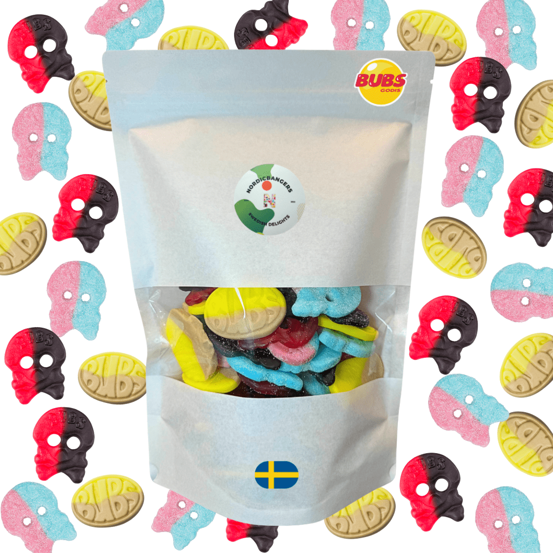 Swedish Candy - Bubs Mix Bag - Dizzy Skull - Raspberry/Liquorice Skull - Banana Bubs - Nordicbangers