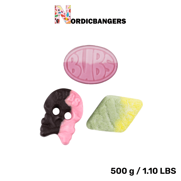 Swedish Candy - Bubs Mix Bag - Wild Strawberry Pomegranate Oval - Raspberry/Liquorice Skull Foam - Sour Foam Rombs Tutti Frutti - Nordicbangers