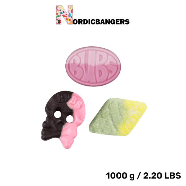 Swedish Candy - Bubs Mix Bag - Wild Strawberry Pomegranate Oval - Raspberry/Liquorice Skull Foam - Sour Foam Rombs Tutti Frutti - Nordicbangers