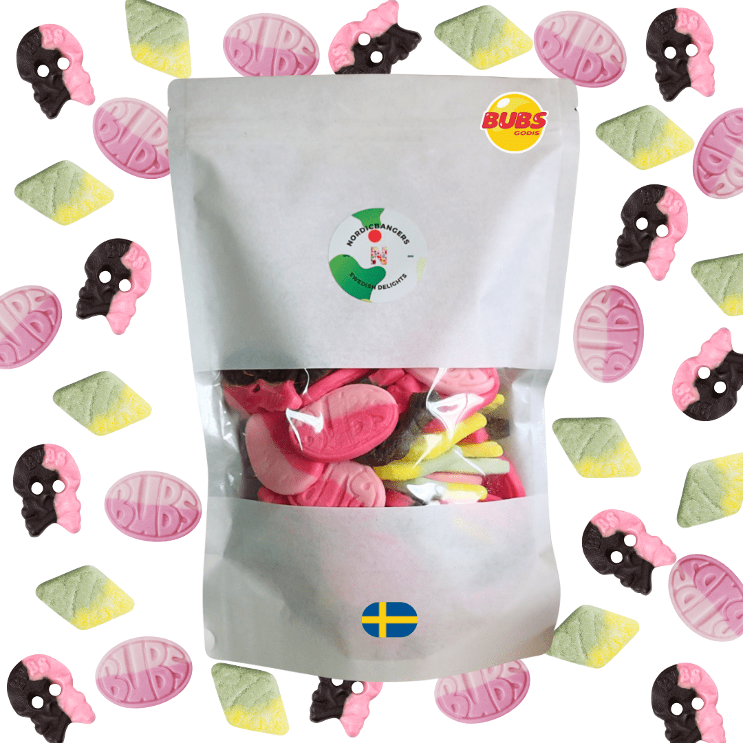 Swedish Candy - Bubs Mix Bag - Wild Strawberry Pomegranate Oval - Raspberry/Liquorice Skull Foam - Sour Foam Rombs Tutti Frutti - Nordicbangers