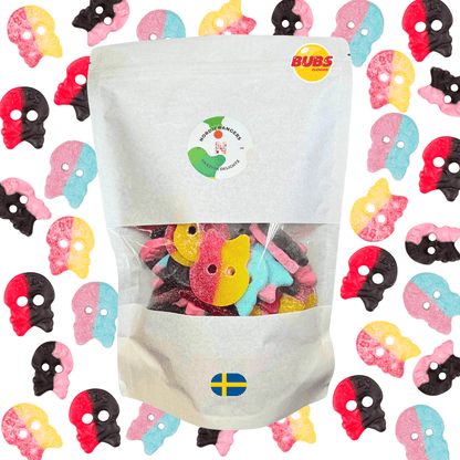 Swedish Candy - Bubs Skull Mix Bag - Dizzy - Raspberry/Liquorice - Giant Sour - Raspberry/Liquorice Foam - Nordicbangers
