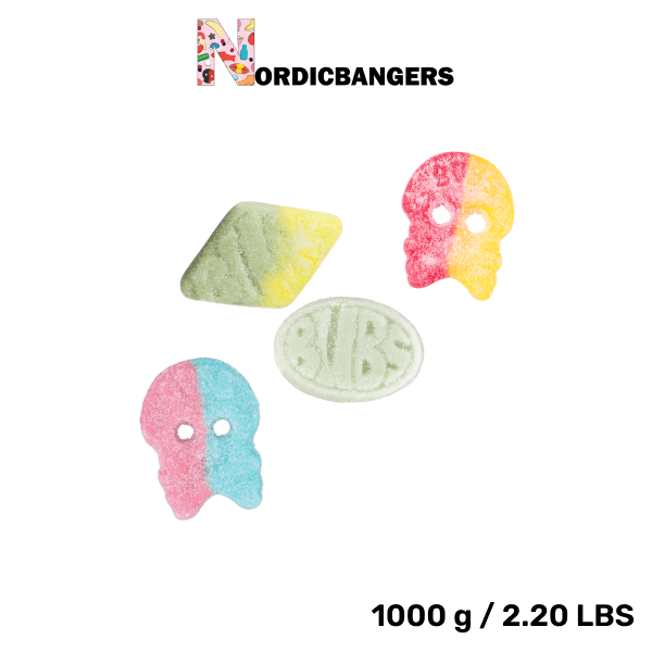 Swedish Candy - Bubs Sour Mix Bag - Giant Sour Skulls - Dizzy Skull - Cool Fruity Pear Mini - Sour Foam Rombs Tutti Frutti - Nordicbangers