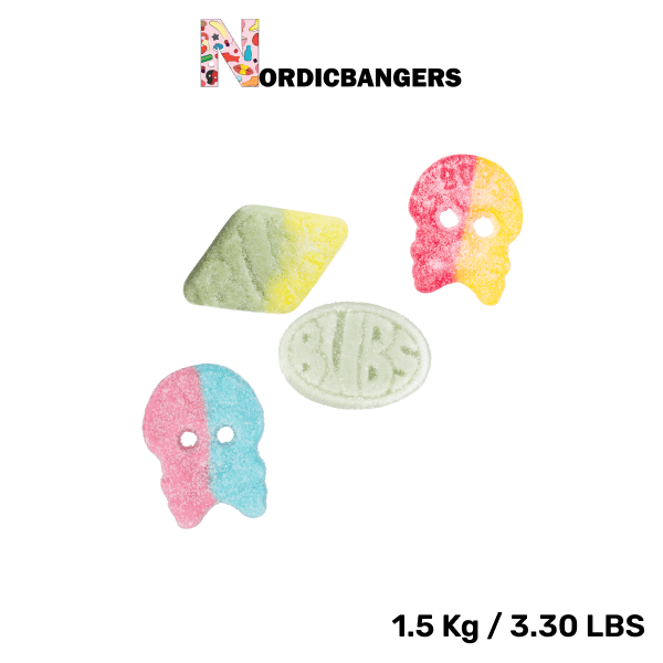 Swedish Candy - Bubs Sour Mix Bag - Giant Sour Skulls - Dizzy Skull - Cool Fruity Pear Mini - Sour Foam Rombs Tutti Frutti - Nordicbangers