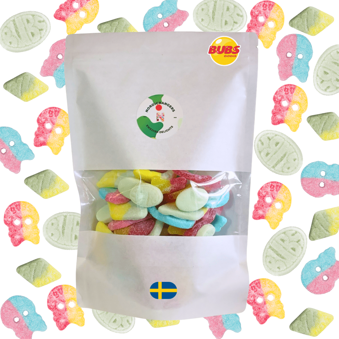 Swedish Candy - Bubs Sour Mix Bag - Giant Sour Skulls - Dizzy Skull - Cool Fruity Pear Mini - Sour Foam Rombs Tutti Frutti - Nordicbangers