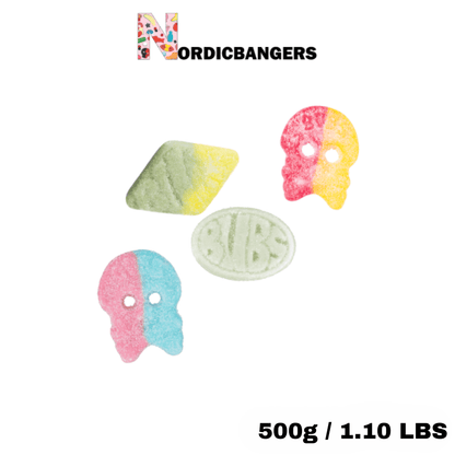 Swedish Candy - Bubs Sour Mix Bag - Giant Sour Skulls - Dizzy Skull - Cool Fruity Pear Mini - Sour Foam Rombs Tutti Frutti - Nordicbangers