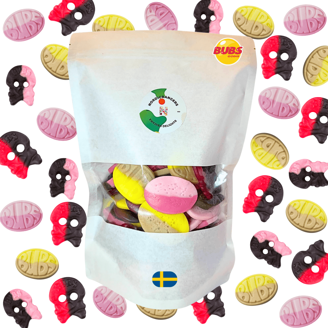 Swedish Candy - Bubs Sweet Mix Bag - Raspberry/Liquorice - Raspberry/Liquorice - Foam Wild Strawberry Pomegranate - Banana Bubs - Nordicbangers